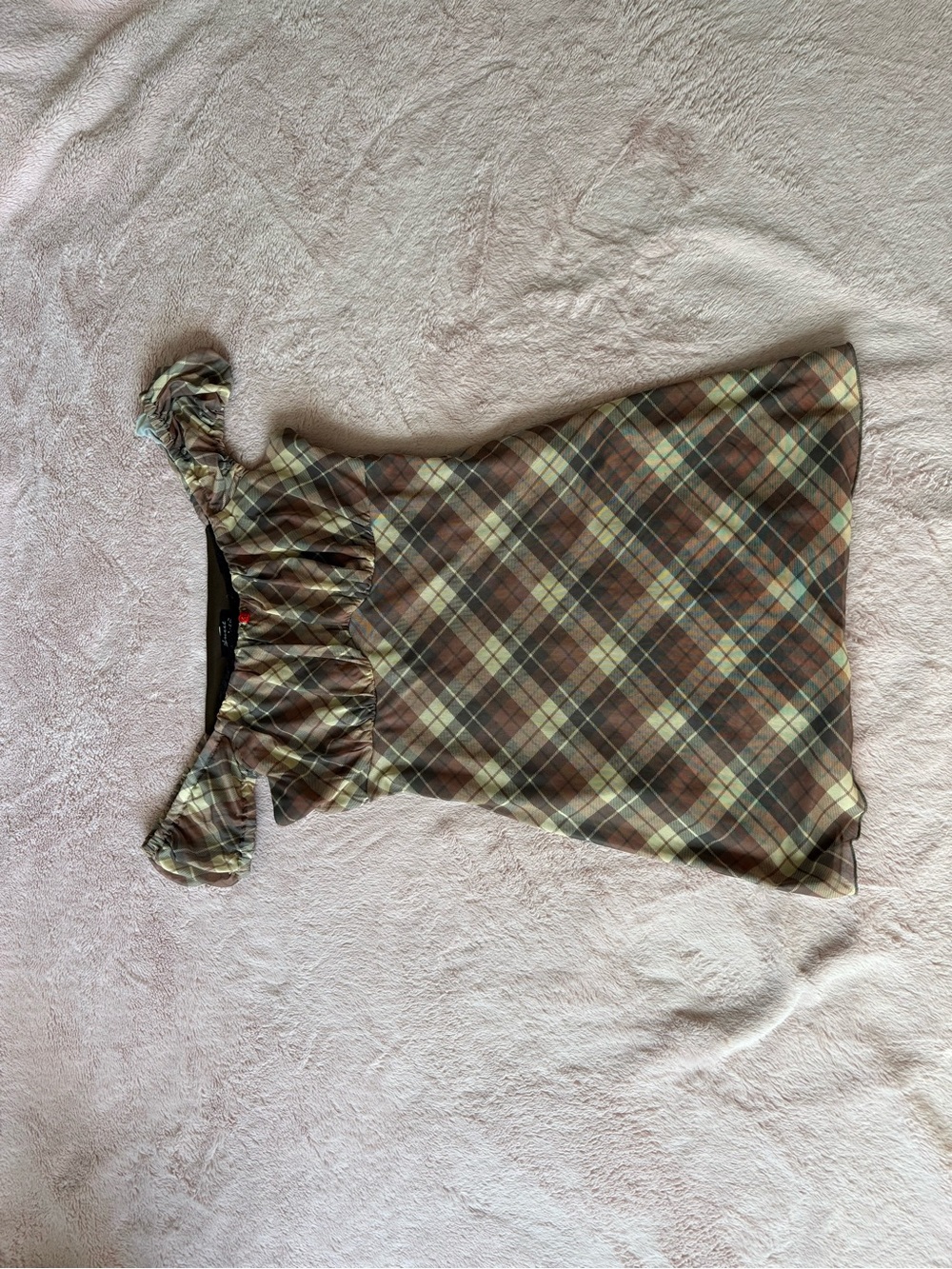 Plaid Ruffle Shoulder Dress in Brown